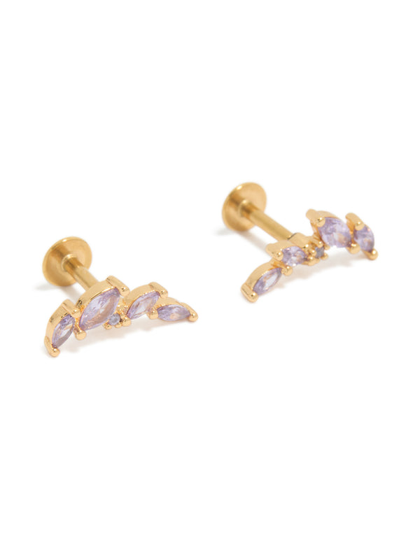 Featuring crawler style earrings crafted from gold plated surgical steel with purple cubic zirconia stones and flat back closure front view