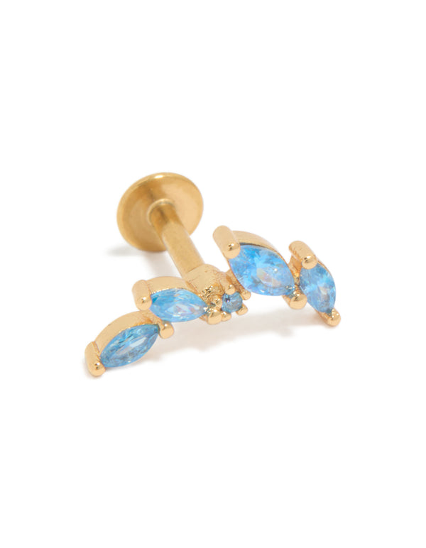 Showcasing crawler flat back studs with gold plated surgical steel and light sky blue cubic zirconia stones close up view