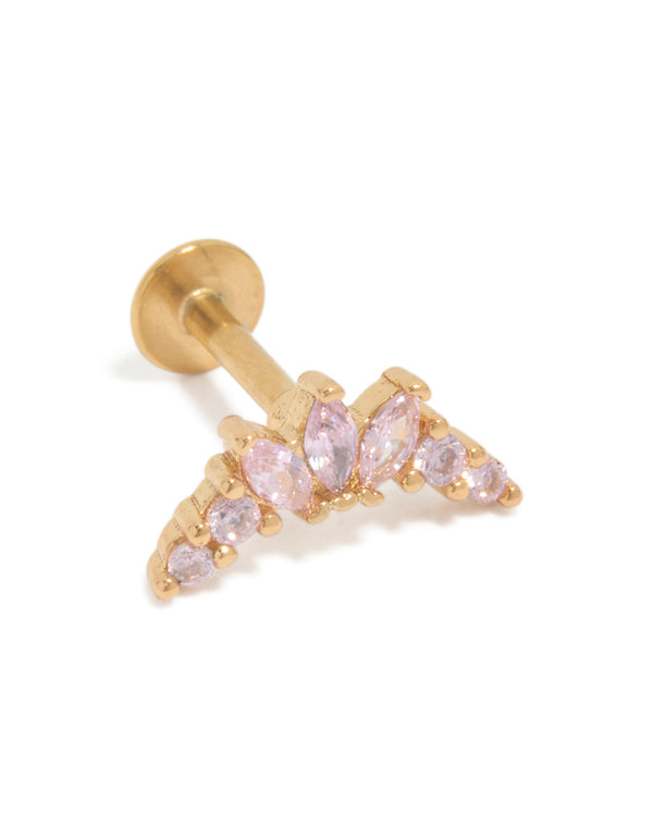 Introducing a chunky single flat back stud earring crafted from gold plated surgical steel featuring pink cubic zirconia front view