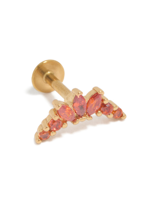 Elegant gold plated surgical steel red cubic zirconia marquise flat back single stud earring front view
