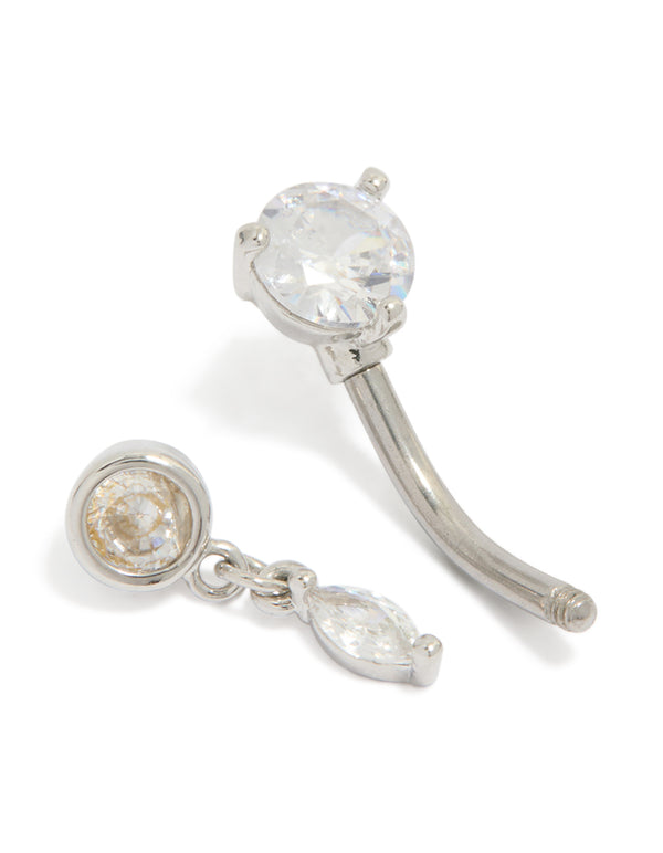 Featuring a surgical steel belly bar with charm showcasing round cut cubic zirconia in silver and clear detail view