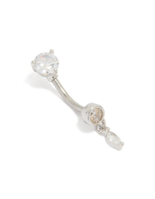 Showcasing a surgical steel belly bar with charm featuring round cut cubic zirconia in silver and clear front view