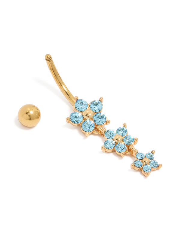 Showcasing gold plated surgical steel belly bar with three sky blue cubic zirconia flowers components separated detail view