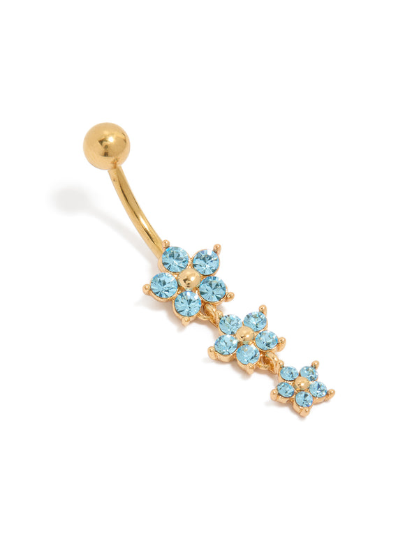 Beautifully crafted gold plated surgical steel belly bar featuring three sky blue cubic zirconia flowers design front view