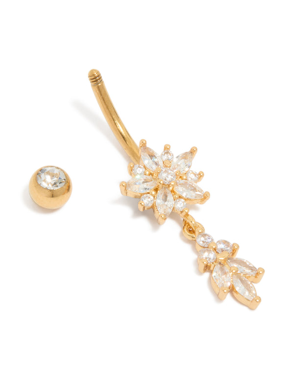 Featuring a gold plated surgical steel belly bar with cubic zirconia flower and leaf charm detail view