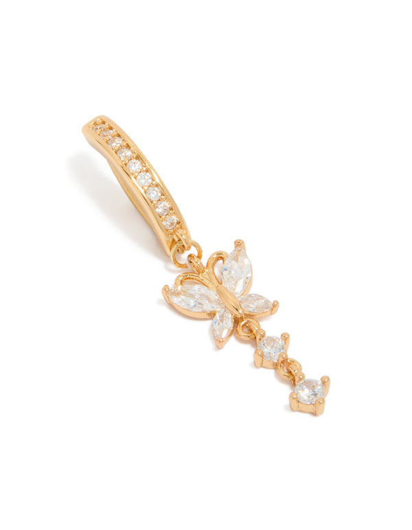 Showcasing a butterfly charm with cubic zirconia on gold plated surgical steel curved belly bar ring front view