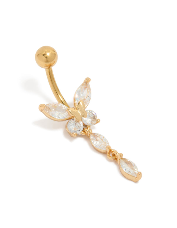 Showcasing a butterfly charm featuring marquise stone cut cubic zirconia in gold plated surgical steel front view
