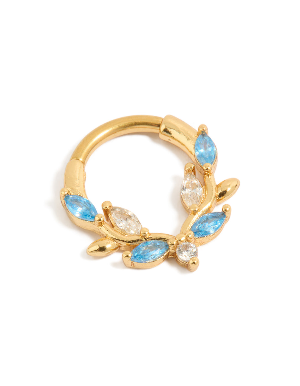Showcasing vine design gold plated titanium clicker ring with blue cubic zirconia front view