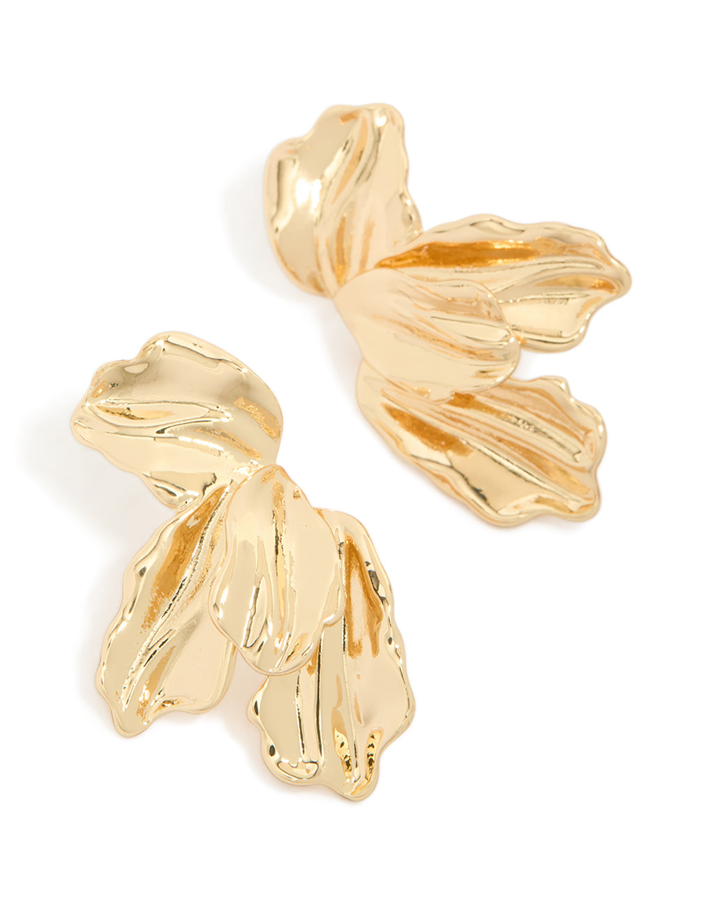 Showcasing statement earrings featuring floral and leaf design in gold plated finish front view