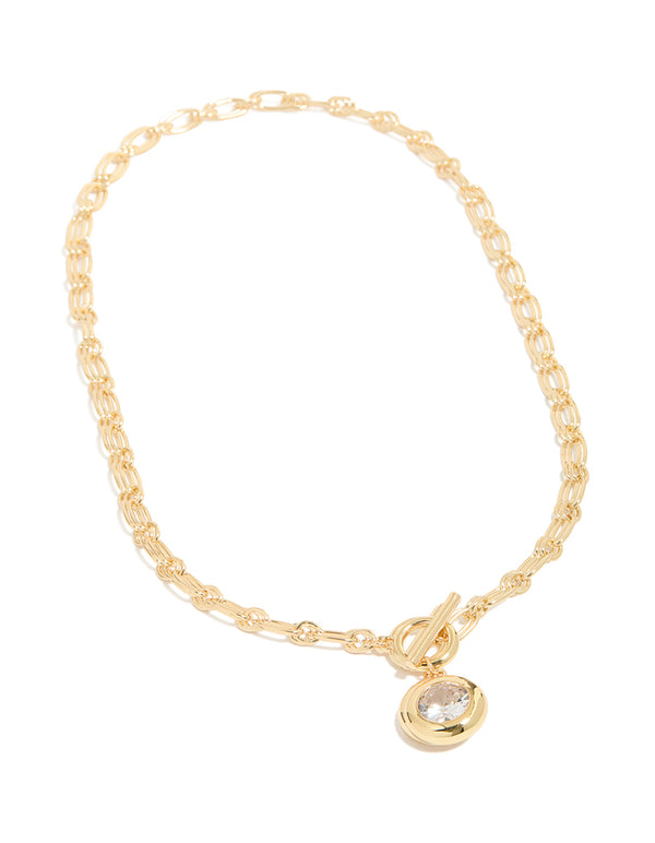 Gold Plated Cubic Zirconia T-Bar Chain Necklace