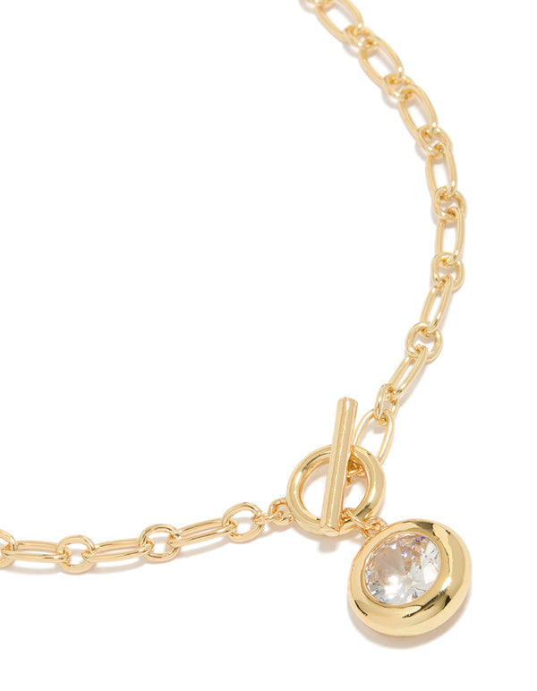 Gold Plated Cubic Zirconia T-Bar Chain Necklace