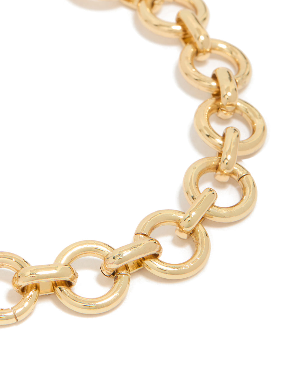 Crafted from gold plated statement circle link bracelet close up view