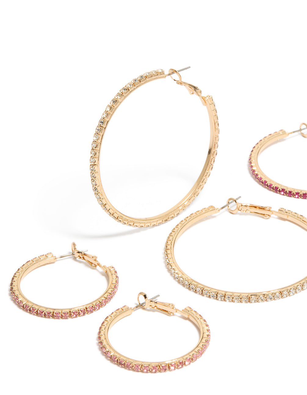 Designed with gold clear and pink diamante mixed size hoop earrings in a 3-pack close up view