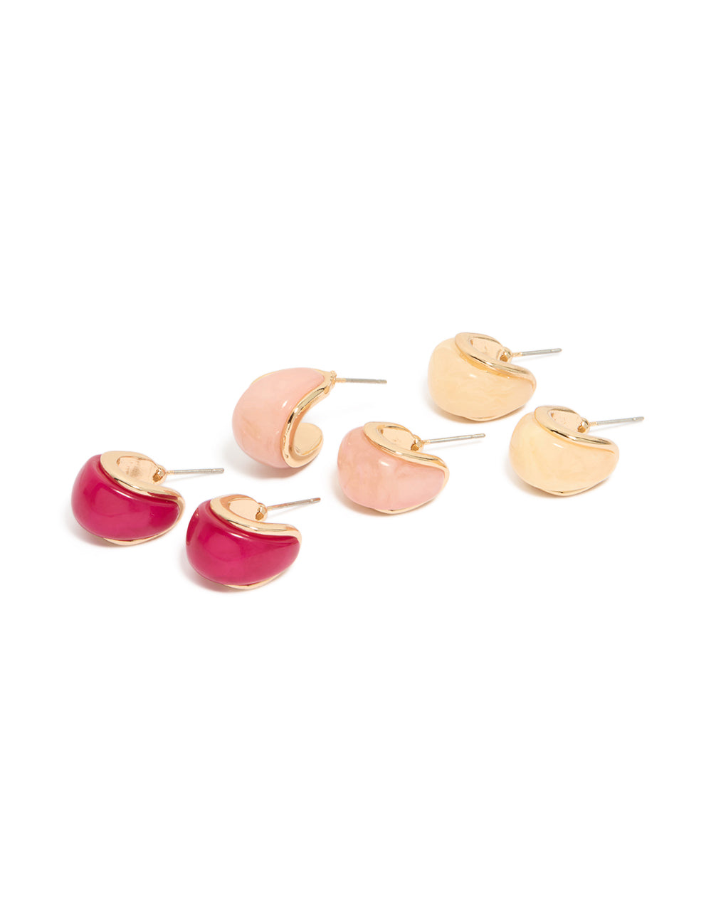 Showcasing chunky hoop earrings in a 3-pack with red, pink, and beige acrylic bubble design featuring gold accents front view