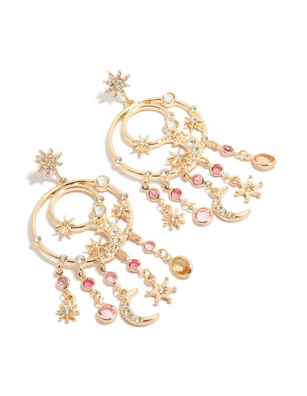 Showcasing gold pink and clear diamantes celestial circle drop earrings with statement style, featuring charm and star details in stud closure front view