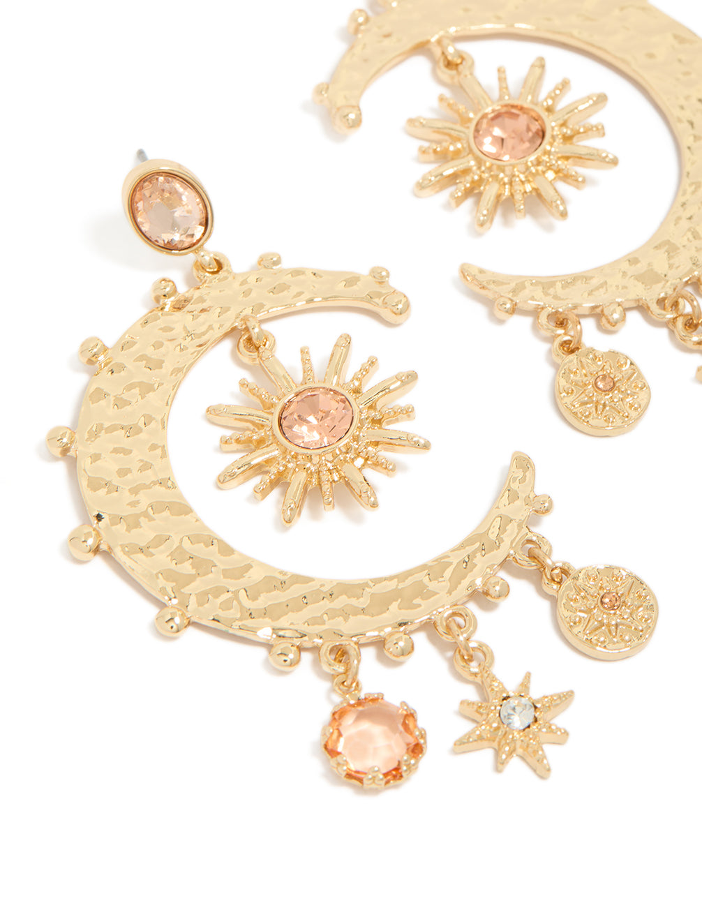Beautifully crafted celestial charm drop earrings with moon featuring clear and pink diamante accents in gold close up view