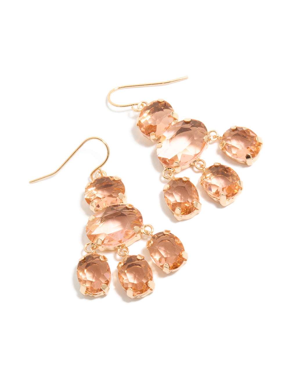 Showcasing gold peach stone hook drop charm earrings front view