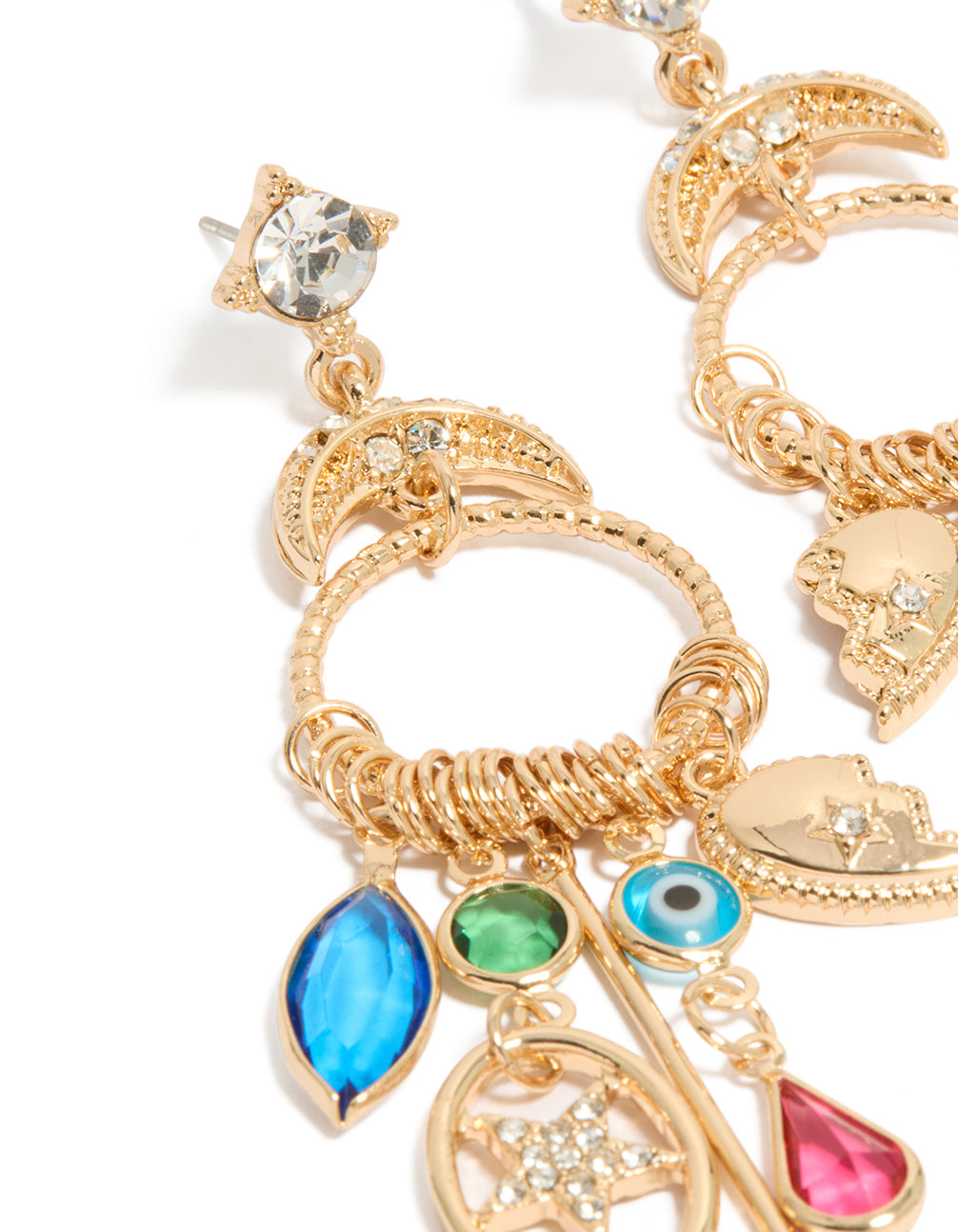 Crafted in statement style, gold with moon and circle charm drop earrings featuring evil-eye, celestial elements, star details, beads in turquoise, pink, and green close up view
