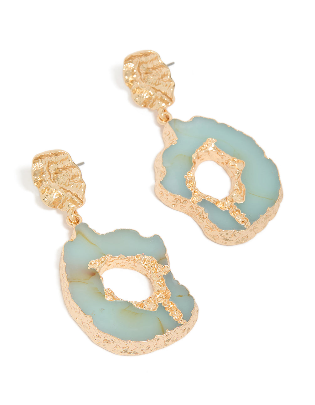 Discover these statement worn gold open blue amazonite semi precious stone drop earrings front view