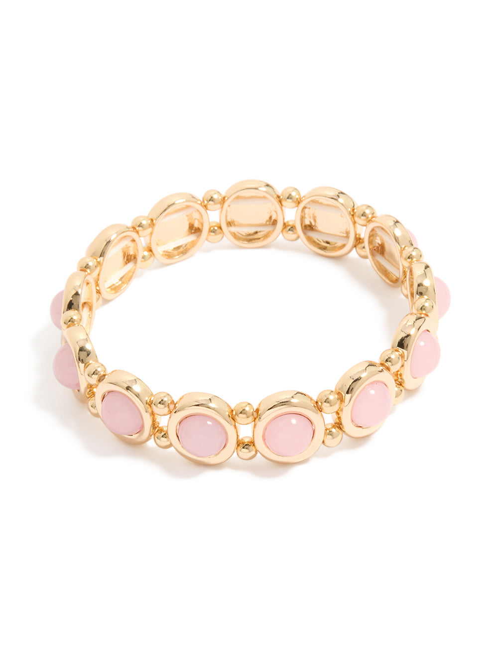 Crafted from gold with beaded organic shaped design featuring pink accents stretch bracelet front view