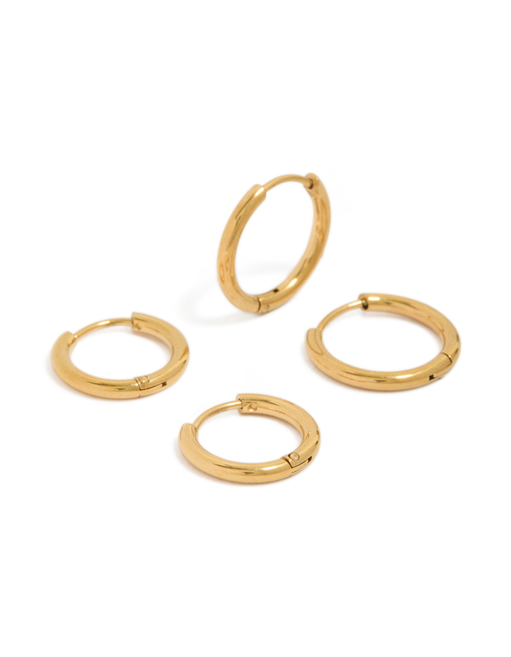 Showcasing mens waterproof huggie earrings in a 2-pack, crafted from gold plated stainless steel front view