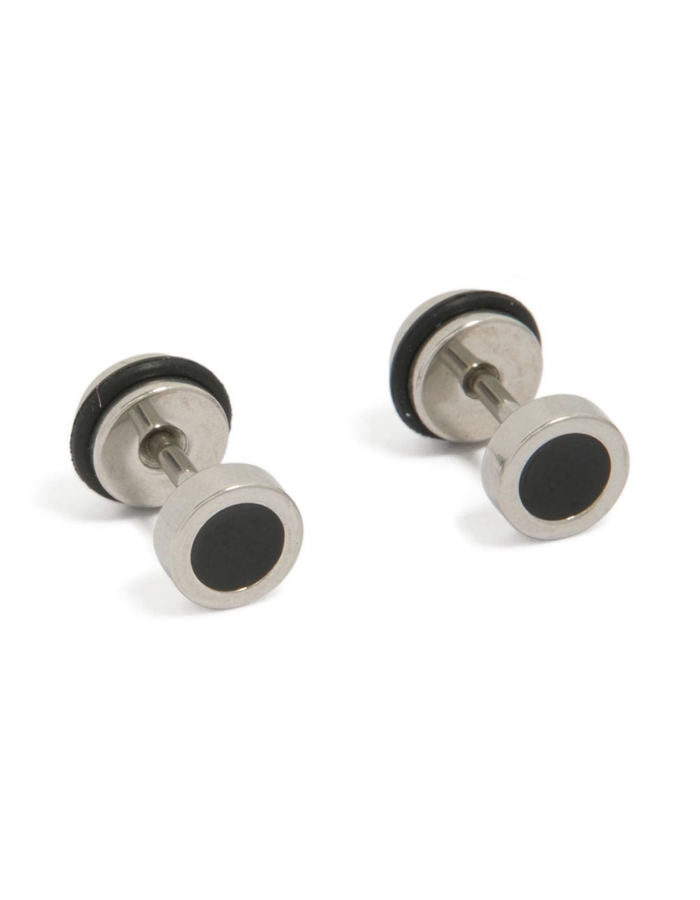 Showcasing waterproof black coated stainless steel round flat back studs in silver front view