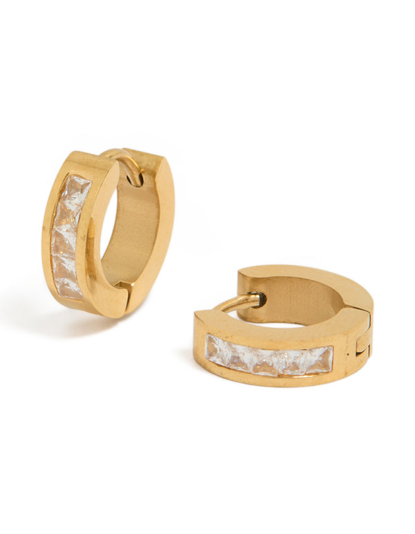 Showcasing mens waterproof square cubic zirconia huggie earrings crafted from gold plated stainless steel in a front view
