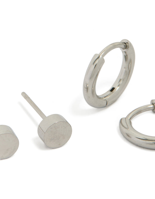 Waterproof Men's Stainless Steel Flat Stud & Huggie Earrings 2-Pack