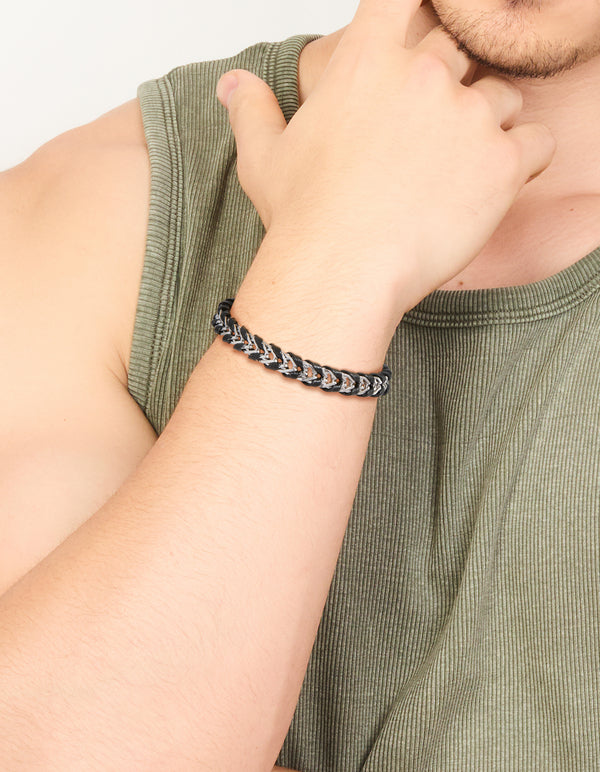 Mens Waterproof Stainless Steel & Black PU Leather Braided Chain Bracelet