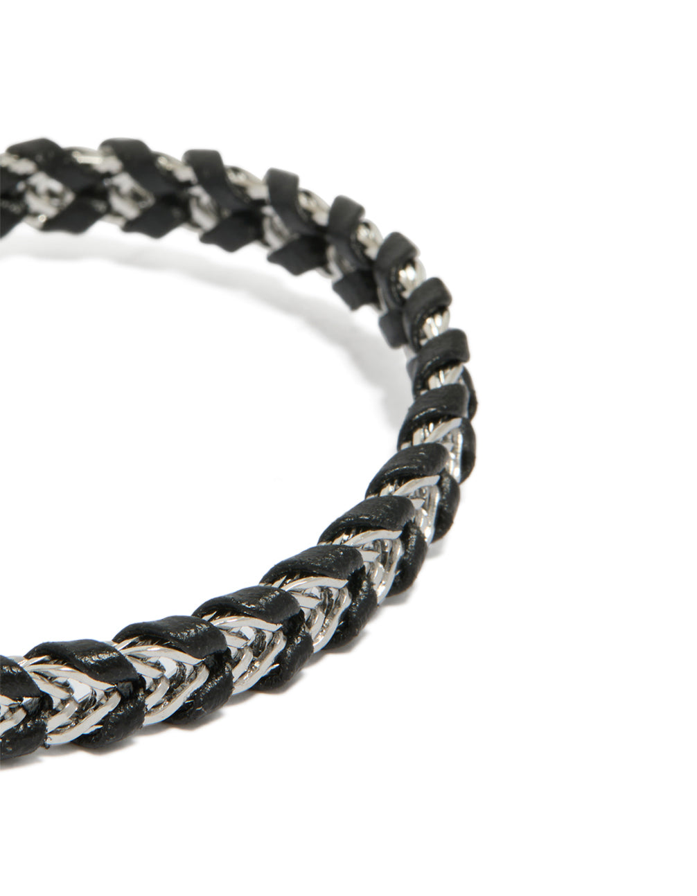 Designed with waterproof stainless steel and black PU leather, this mens braided chain bracelet in silver close up view