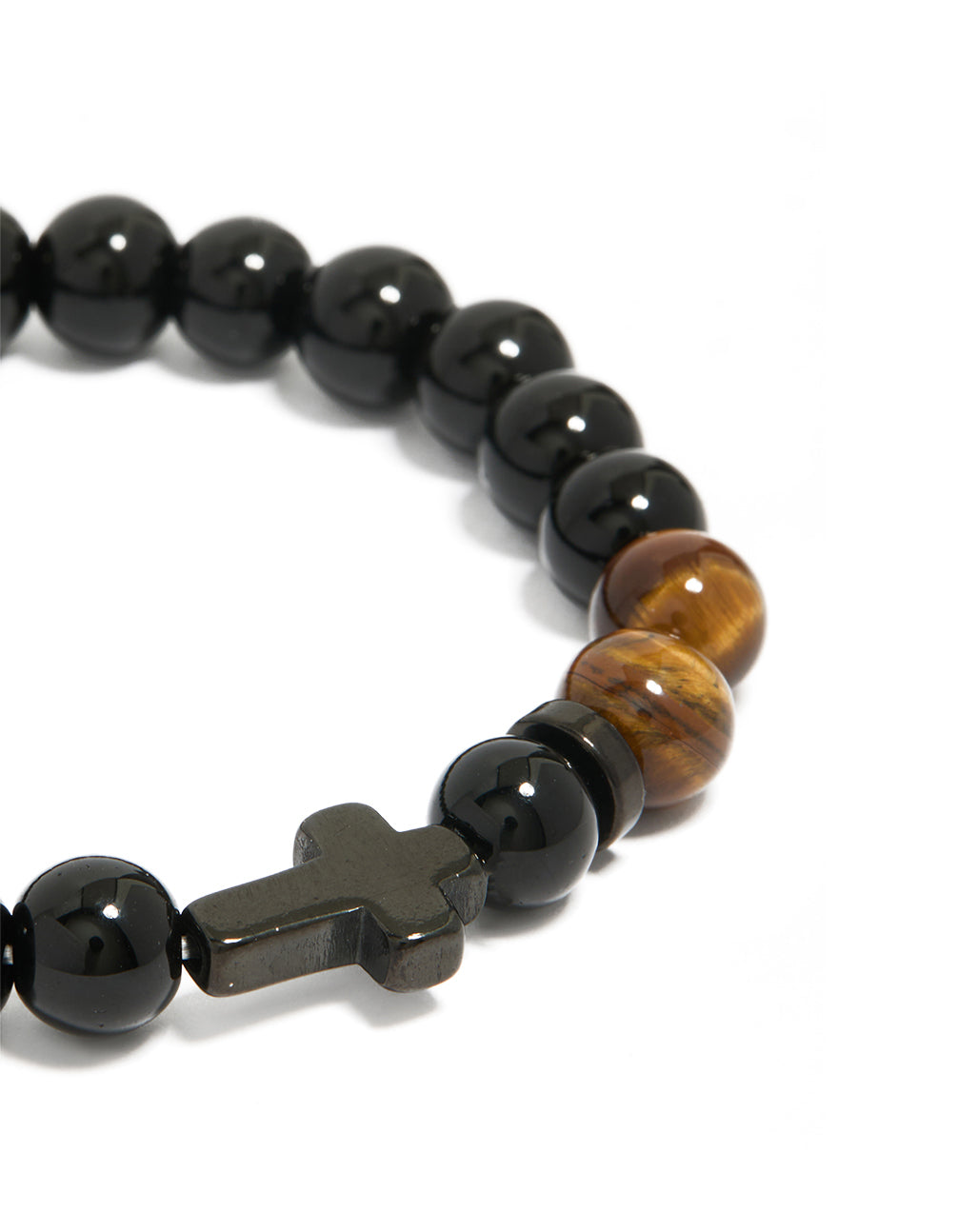 Designed with beaded cross and tigers eye semi stones, this mens waterproof black coated stainless steel bracelet close up view