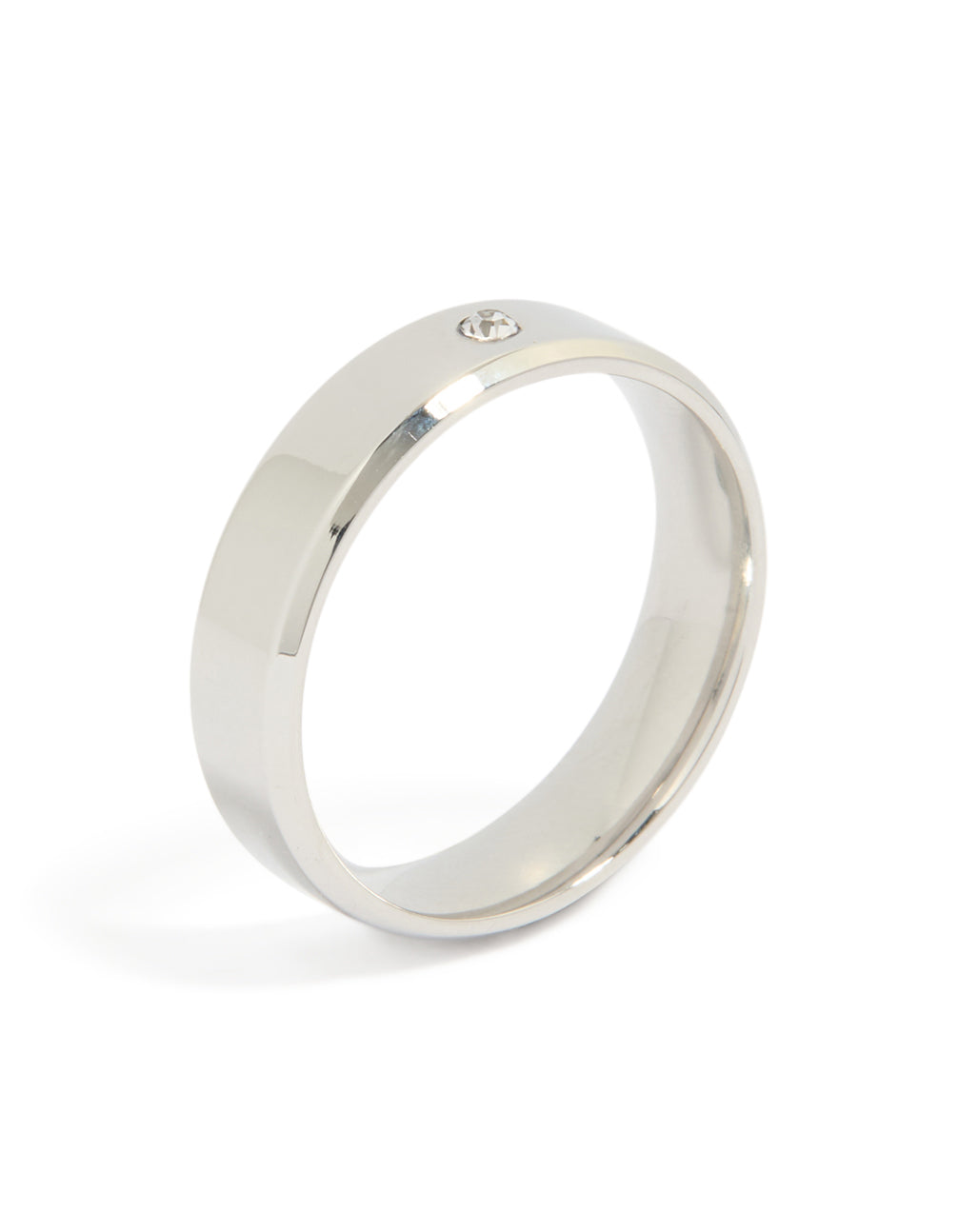 Crafted from waterproof stainless steel smooth band with solitaire cubic zirconia crystal in silver and clear side detail view