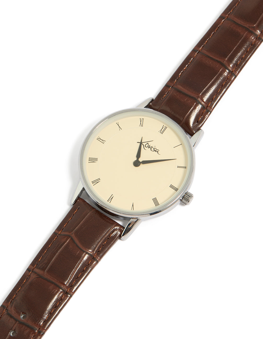 Crafted from PU leather, this snake textured mens analog watch features a beige dial with roman numerals, round shape, formal styling, and brown strap front view