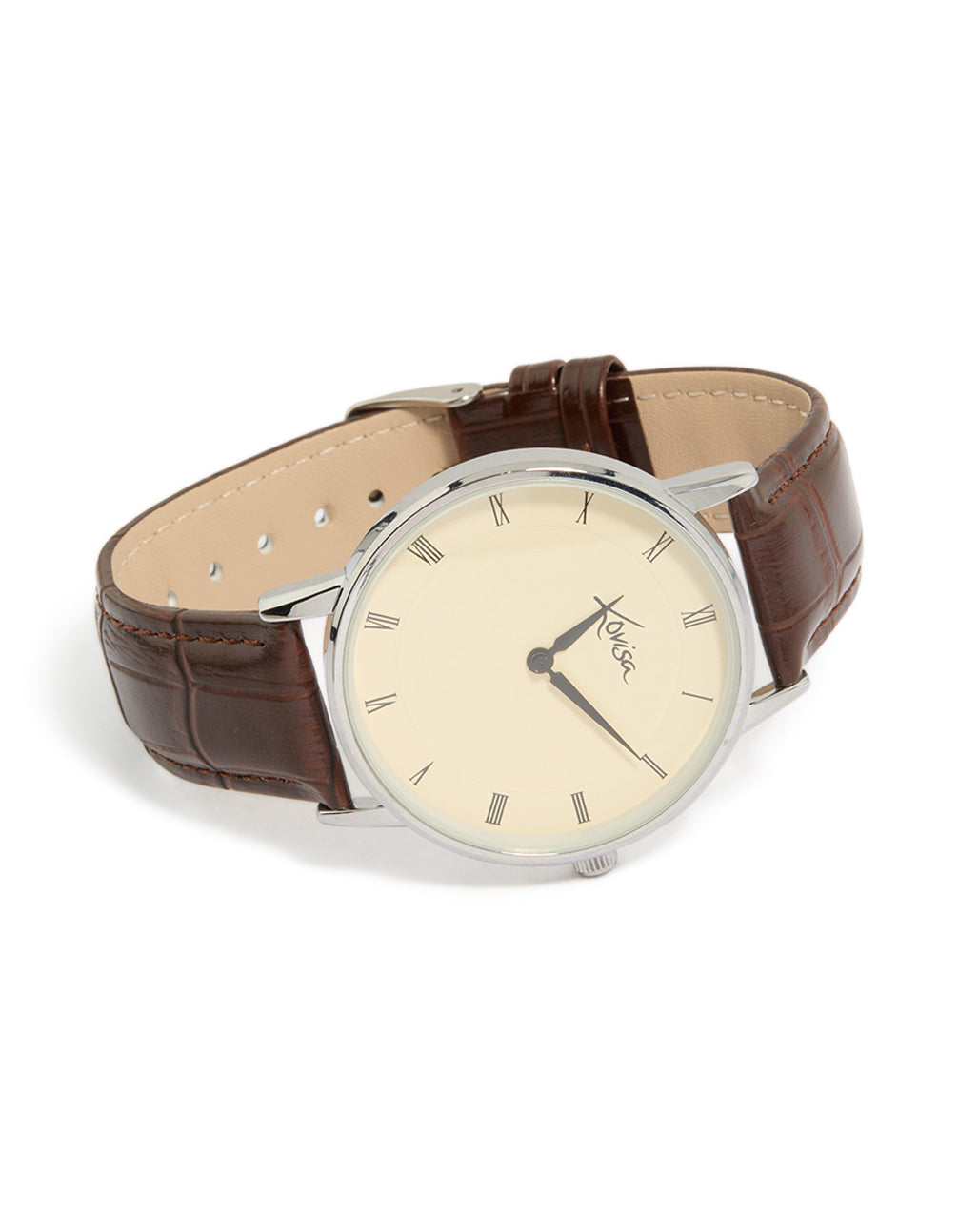Featuring PU leather watch with snake texture for mens, analog type features a beige dial with roman numerals, round shape, formal styling, and brown strap front view