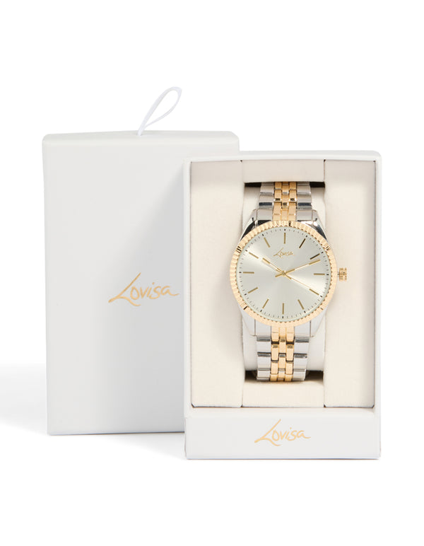 Elegantly designed mens mixed metal etched link classic watch in white dial with round shape, formal occasion, multi-color link band, analog type case detail view