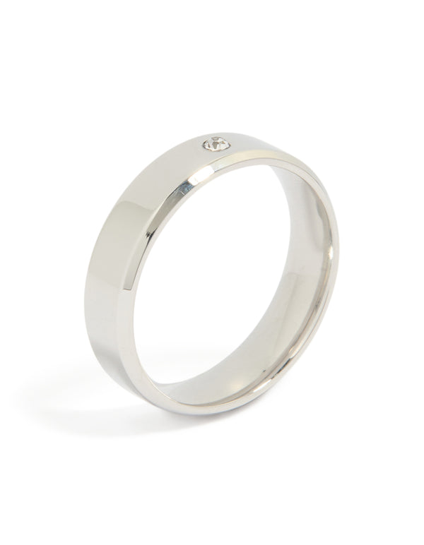 Featuring a mens waterproof stainless steel smooth solitaire cubic zirconia band ring designed with crystal in silver and clear side detail view