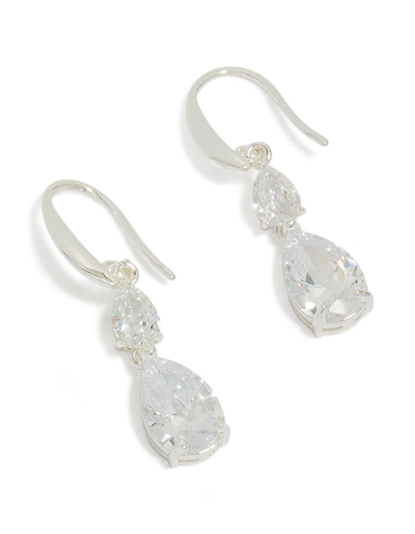 Crafted from silver plated material, these cubic zirconia drop hook earrings feature clear accents front view