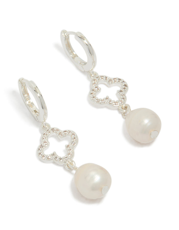 Elegant silver plated pave clover pearl drop earrings featuring floral detail front view