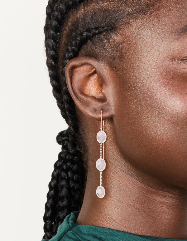 Showcasing silver plated pink stone thread through earrings with statement design on ear view