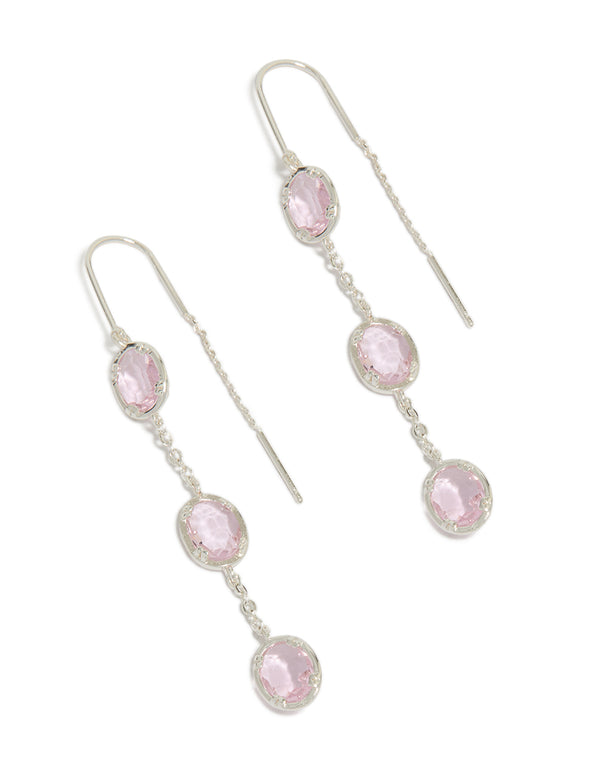 Beautifully crafted silver plated pink stone thread through earrings with statement design front view