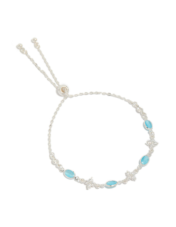 Silver Plated Cubic Zirconia Clover & Blue Oval Bracelet