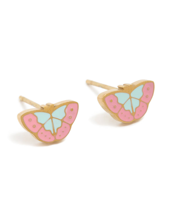 Showcasing waterproof gold plated stainless steel multicoloured enamel butterfly stud earrings in pink, powder blue front view