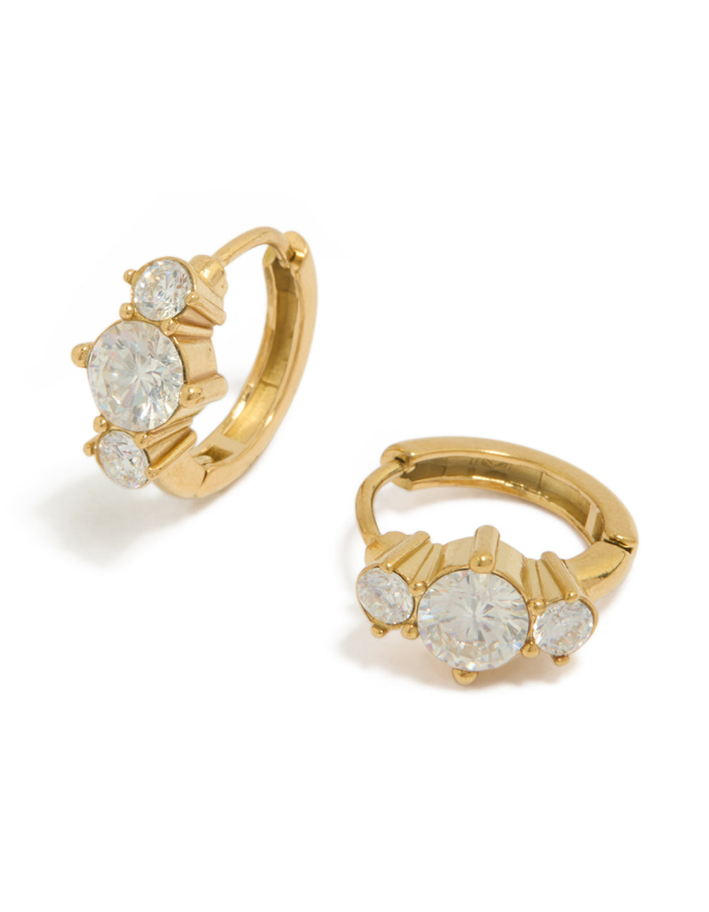 Showcasing dainty trio mini huggie earrings crafted from waterproof gold plated stainless steel with cubic zirconia front view