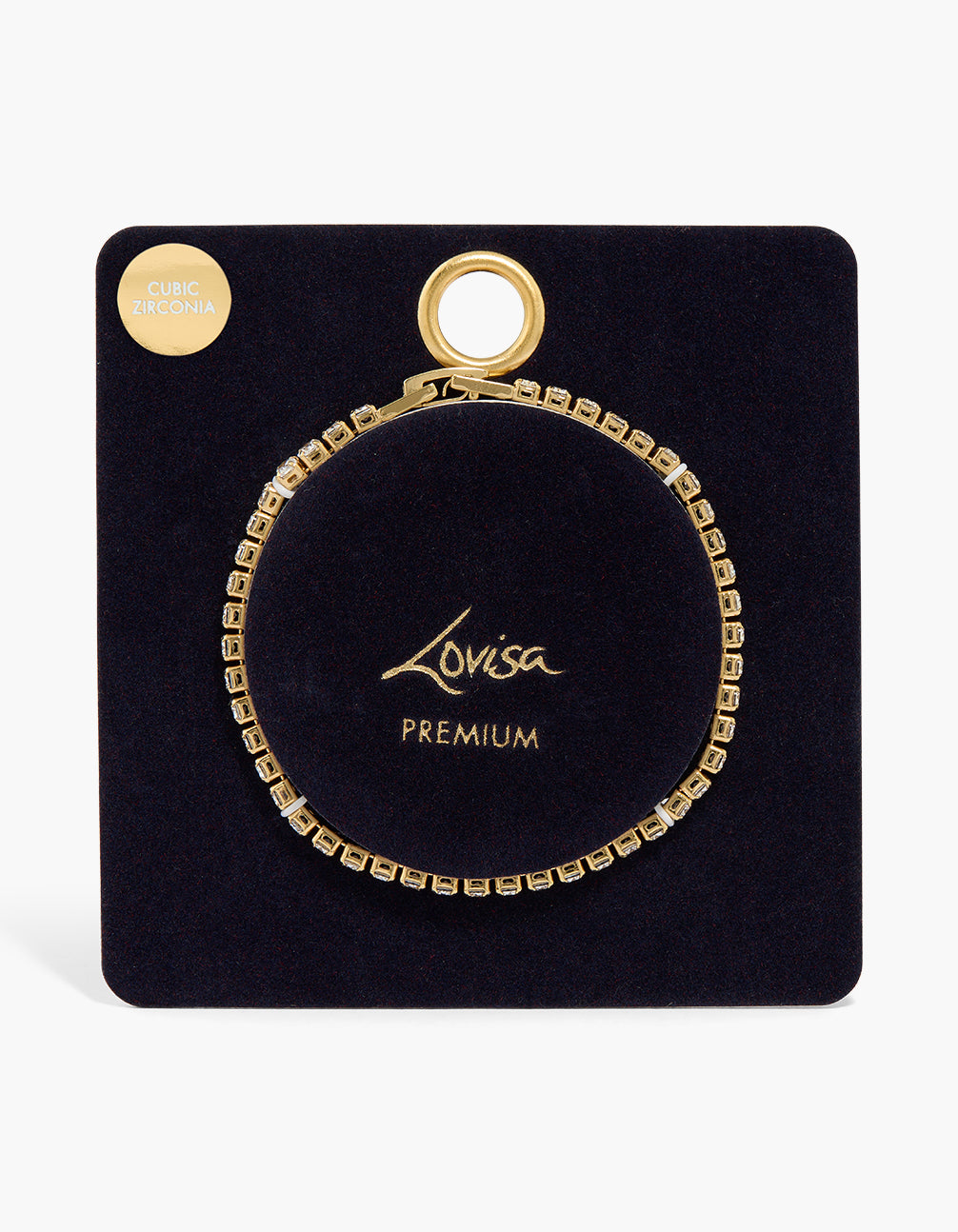 Elegant gold plated cubic zirconia tennis bracelet featuring round stone cut closure detail view
