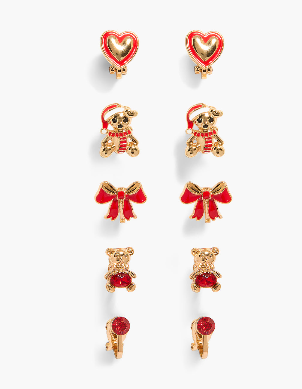 Kids Santa Hat Bear & Red Bow Clip On Earrings 5-Pack