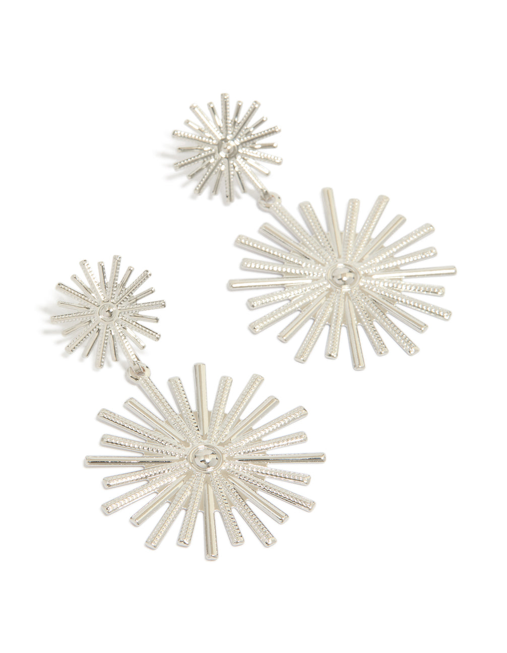 Showcasing statement double spike drop earrings with celestial starburst design in silver front view