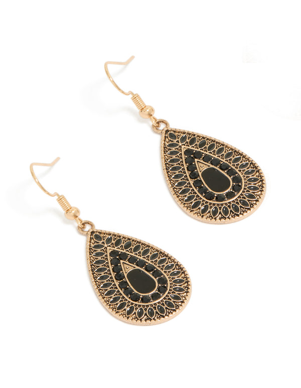 Stunning gold black diamante teardrop filigree drop earrings front view