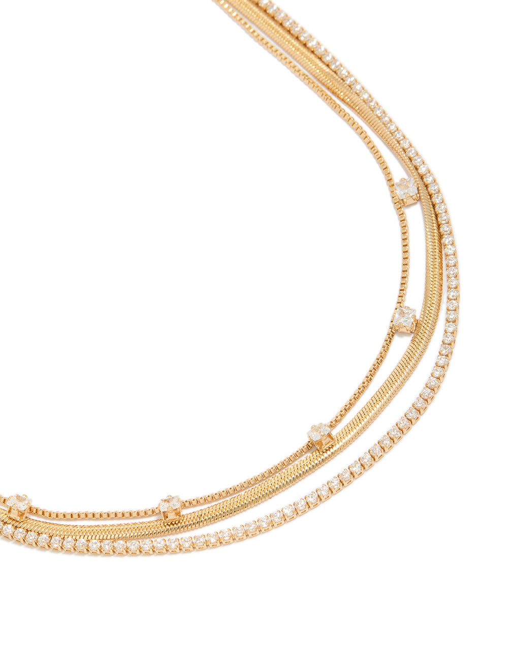Beautifully crafted gold plated cubic zirconia tennis snake chain triple layered necklace close up view