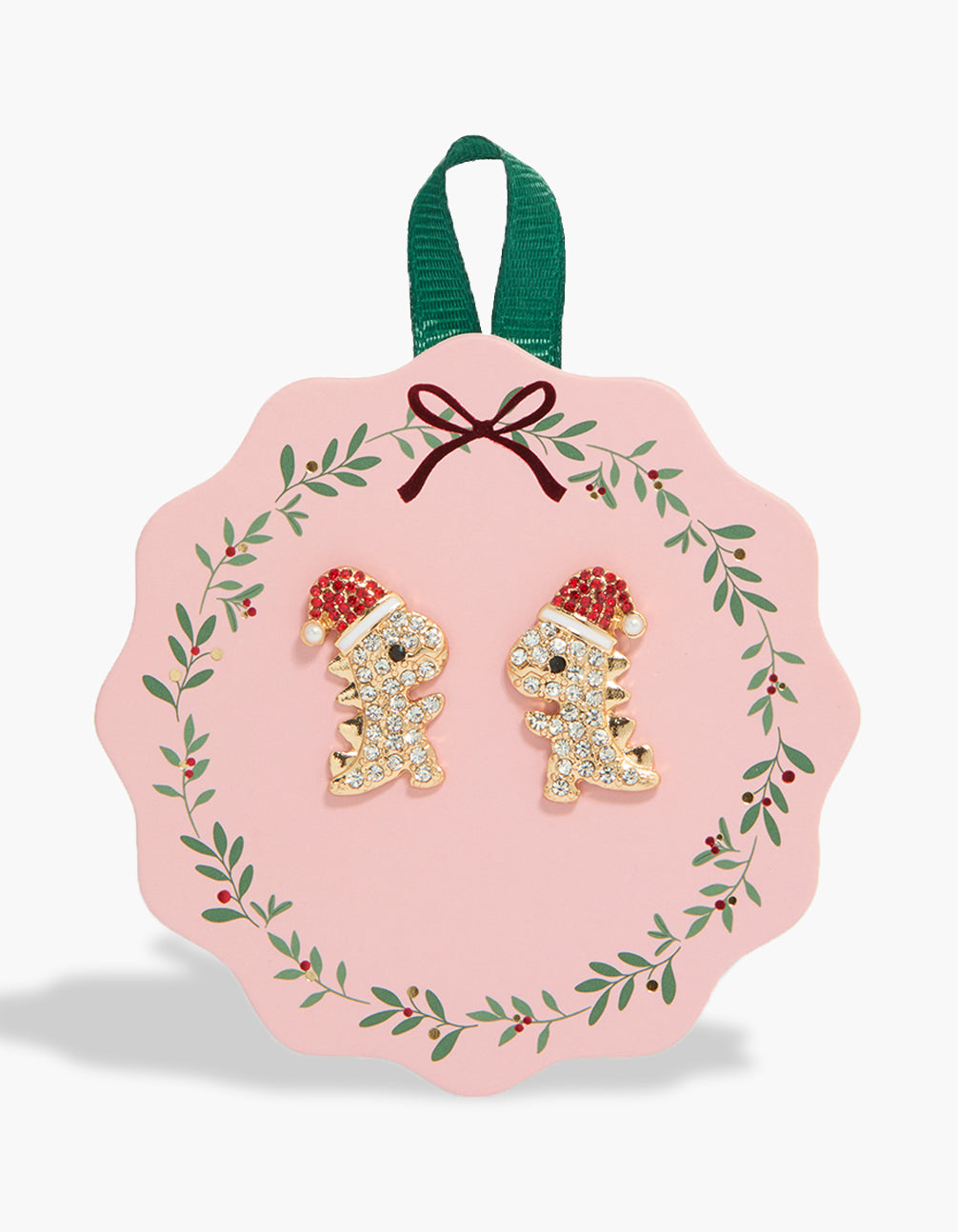 Discover statement stud earrings featuring diamante and pearl dinosaur designs wearing Santa hats in a gold finish front view