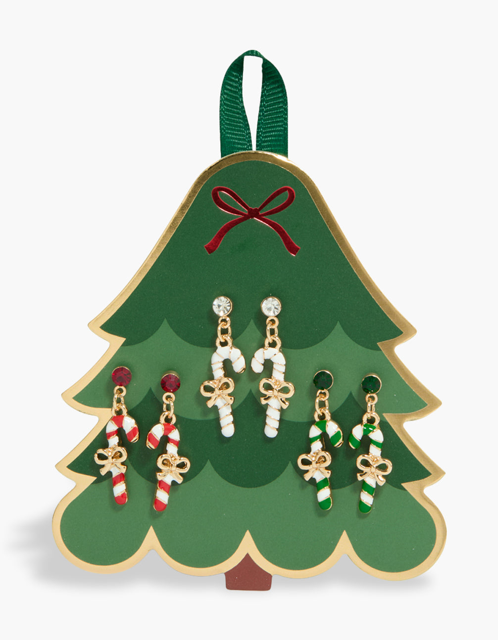 Festive gold candy cane earrings in a 3-pack featuring bow details with stud closure front view